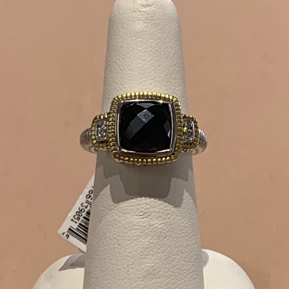 JUDITH RIPKA SS/18K BLACK ONYX & DIAMOND RING
